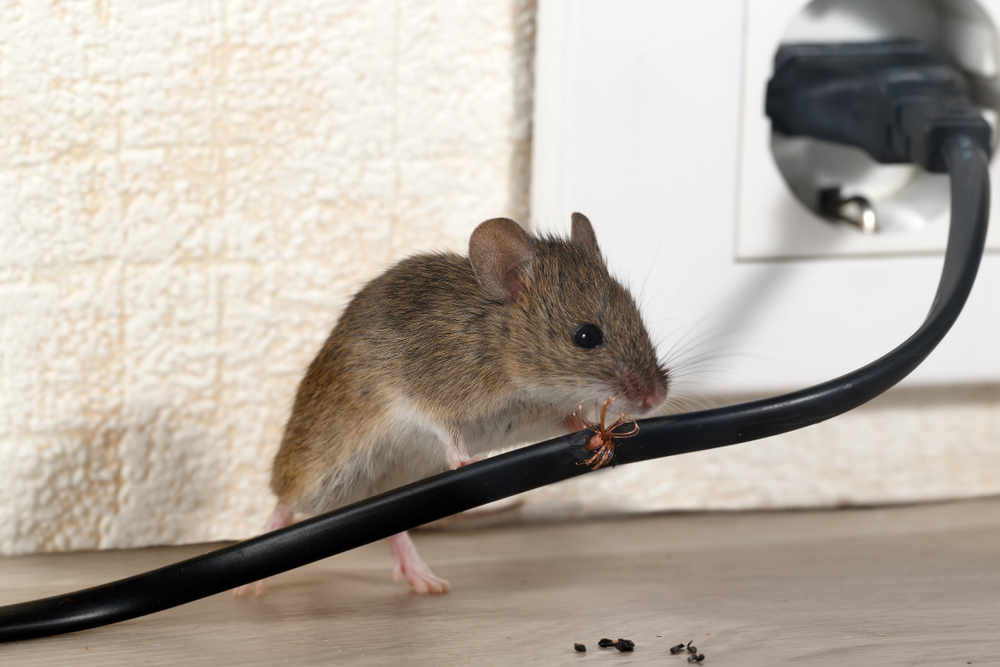 Closeup,Mouse,Gnaws,Wire,In,An,Apartment,House,On,The
